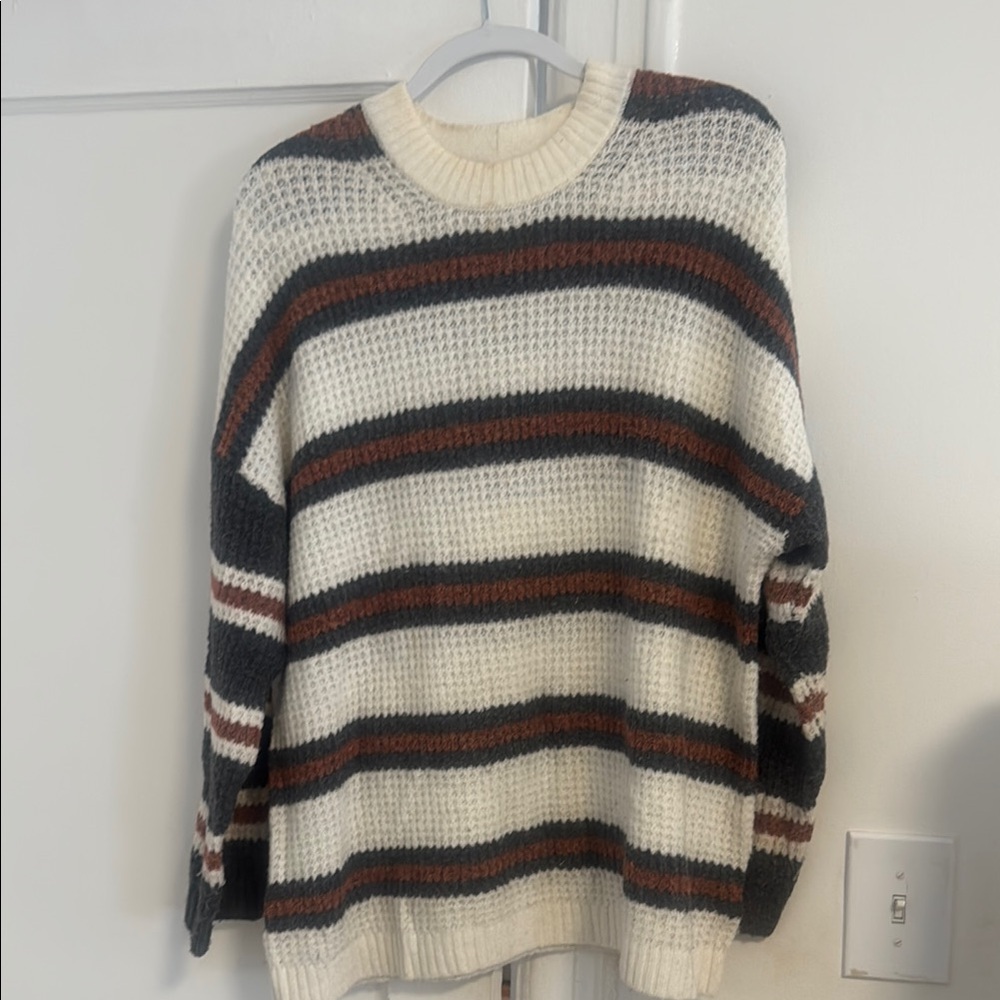 American Eagle Striped Crew Neck Sweater - Cream, Rust, Dark Gray